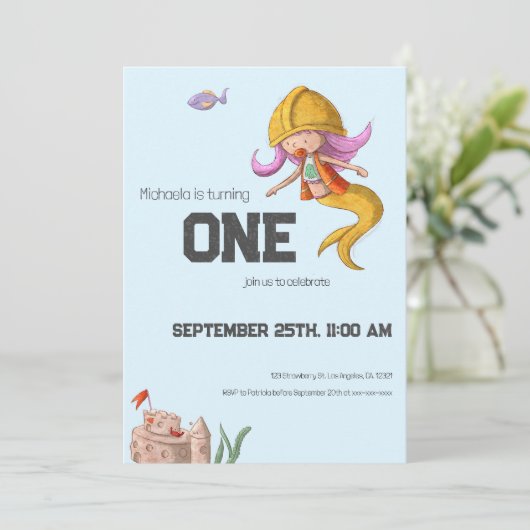 かわいいマーメイド建築ワーカーファースト誕生日 招待状 (スタンド正面)