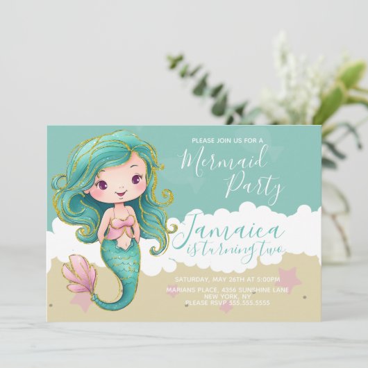 かわいいマーメイド海ビーチ誕生日パーティー 招待状 (スタンド正面)