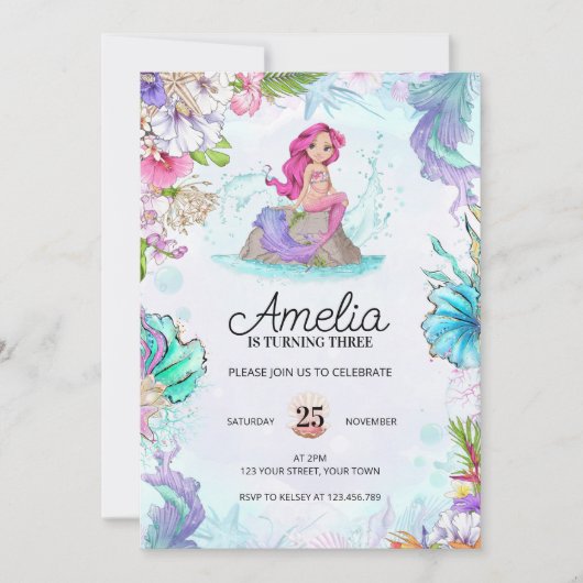 かわいいマーメイド誕生日アンダーザシー招待状 招待状 (正面)