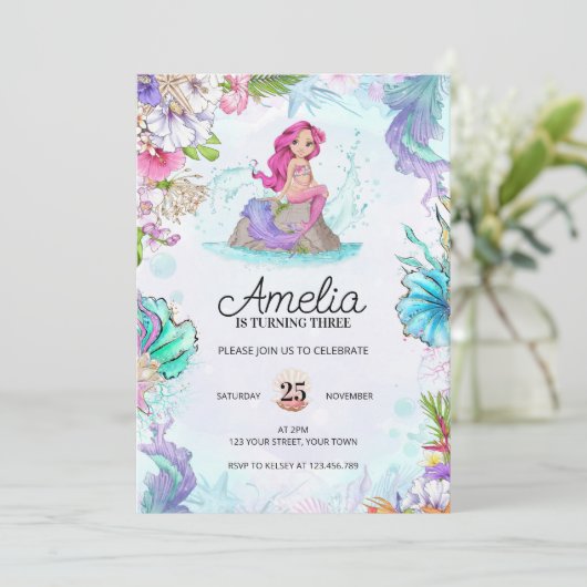 かわいいマーメイド誕生日アンダーザシー招待状 招待状 (スタンド正面)