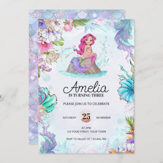 かわいいマーメイド誕生日アンダーザシー招待状 招待状 (正面/裏面)