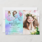 かわいいマーメイド誕生日ガールフォト 招待状 (正面)