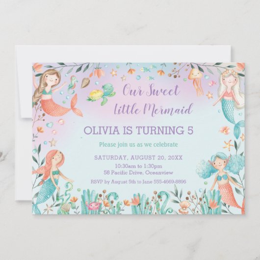 かわいいマーメイド誕生日ザシープールパーティー 招待状 (正面)