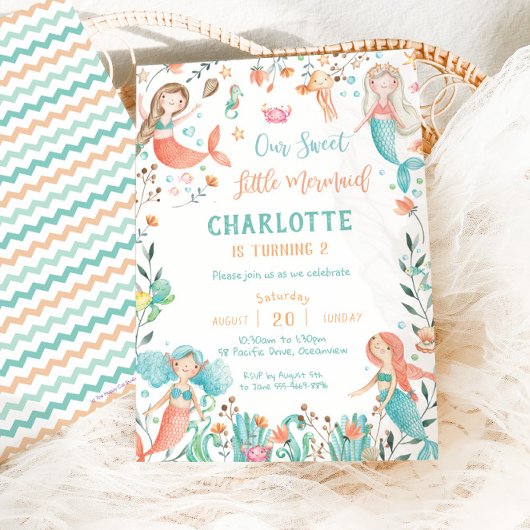 かわいいマーメイド誕生日ザシーベビーガール 招待状