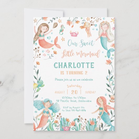 かわいいマーメイド誕生日ザシーベビーガール 招待状 (正面)