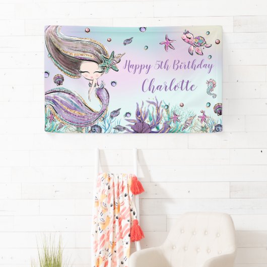かわいいマーメイド誕生日プールパーティー背景へようこそ 横断幕 (インサイチュ)
