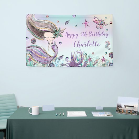 かわいいマーメイド誕生日プールパーティー背景へようこそ 横断幕 (トレードショー)