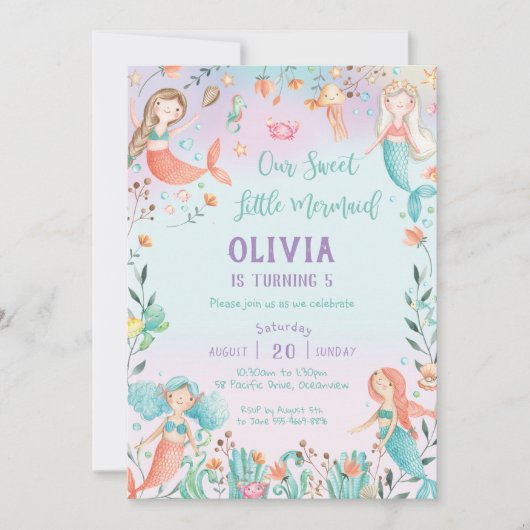 かわいいマーメイド誕生日レインボーザシーズ 招待状 (正面)