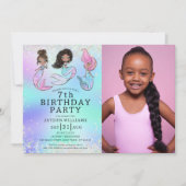 かわいいマーメイド誕生日黒髪ガール写真 招待状 (正面)