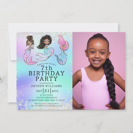 かわいいマーメイド誕生日黒髪ガール写真 招待状 (正面)