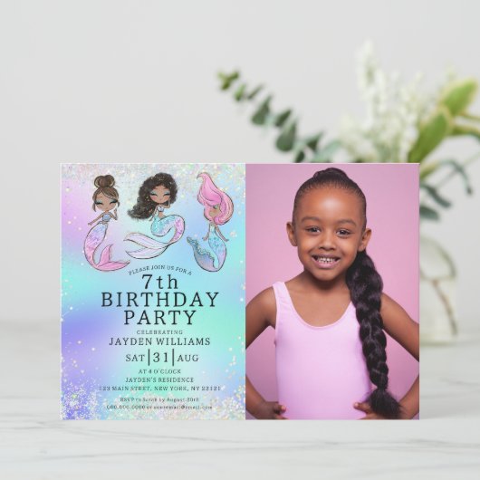 かわいいマーメイド誕生日黒髪ガール写真 招待状 (スタンド正面)