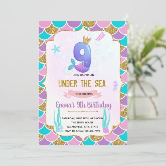 かわいいマーメイド9th誕生日の招待状 招待状 (スタンド正面)