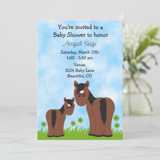 かわいいマーレとフォアホース馬ベビーシャワー招待状 招待状 (スタンド正面)