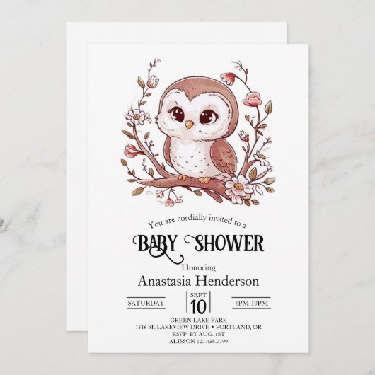 かわいいミスティックフクロウ赤ちゃんシャワー 招待状 (正面/裏面)