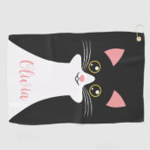 かわいいミッドセンチュリーブラックキャットポートレート ゴルフタオル (横)