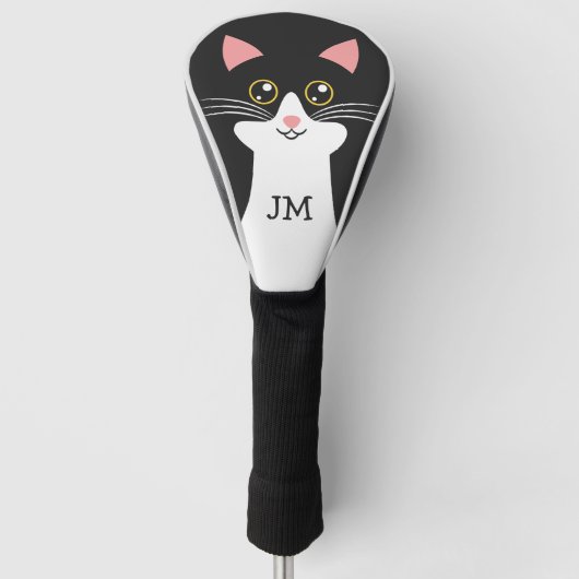 かわいいミッドセンチュリーブラックキャットポートレート ゴルフヘッドカバー (正面)