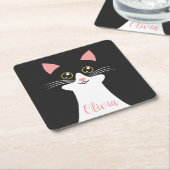 かわいいミッドセンチュリーブラックキャットポートレート スクエアペーパーコースター (アングル)