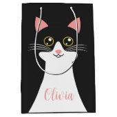 かわいいミッドセンチュリーブラックキャットポートレート ミディアムペーパーバッグ (正面)