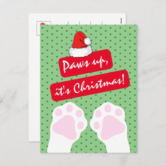 かわいいミッドセンチュリーレトログリーンと赤い前足アップ猫 シーズンポストカード (正面/裏面)