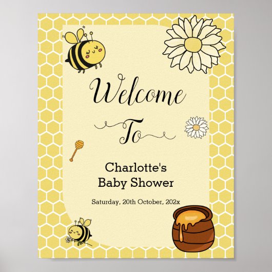 かわいいミツバチと甘い蜂蜜の赤ちゃんシャワー歓迎サイン ポスター (正面)
