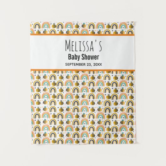 かわいいミツバチと虹の模様のベビーシャワー タペストリー (正面)