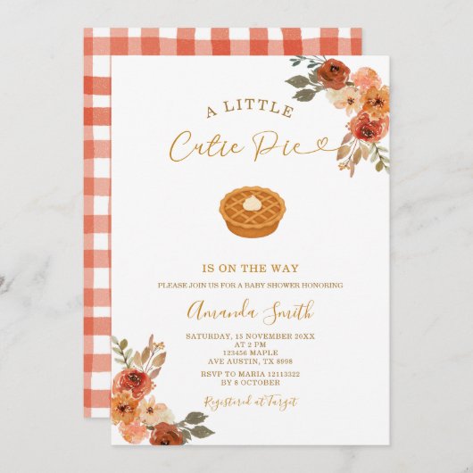かわいいミニかわいこちゃんパイギンガム秋ベビーシャワー 招待状 (正面/裏面)