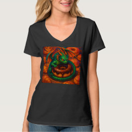 かわいいミニグリーンドラゴンとドーナツのファンタジーアート Tシャツ