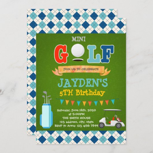 かわいいミニゴルフの誕生日パーティーの招待 招待状 (正面/裏面)
