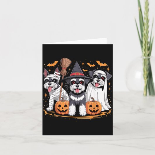 かわいいミニチュアシュナウザー3匹のかぼちゃハロウィン カード (正面)