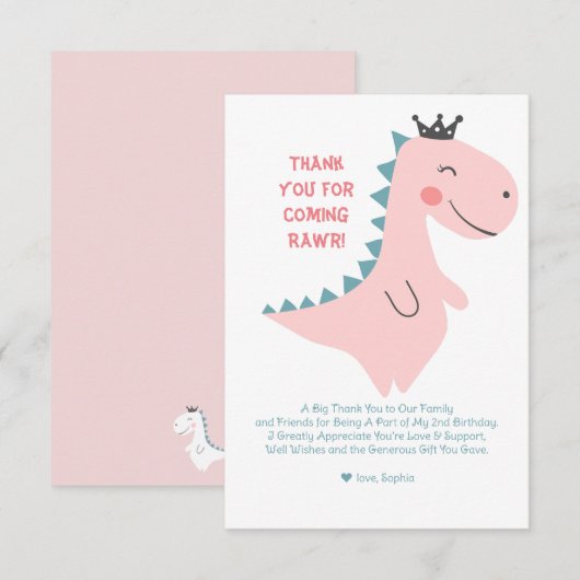 かわいいミニマリストピンクの恐竜の誕生日 サンキューカード (正面/裏面)