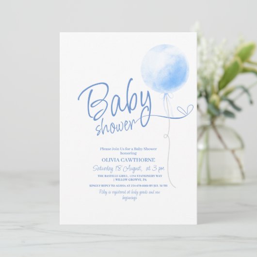 かわいいミニマリストブルーバルーンボーイベビーシャワー 招待状 (スタンド正面)