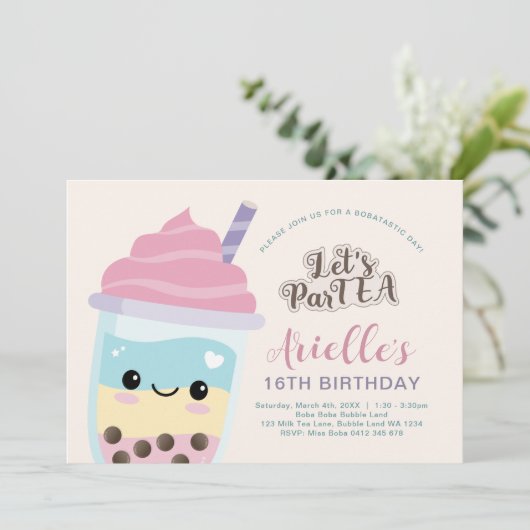 かわいいミニマリストボバブルティー誕生日招待 招待状 (スタンド正面)