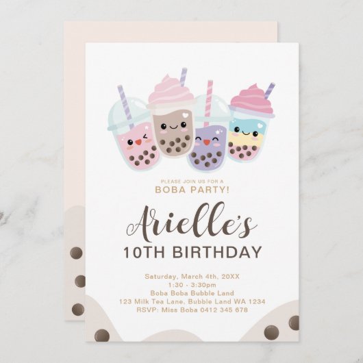 かわいいミニマリストボバブルミルクティー 招待状 (正面/裏面)