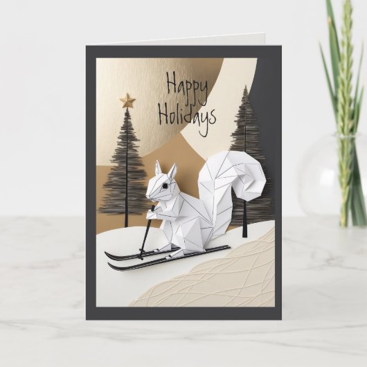 かわいいミニマリスト折り紙クリスマスリスのスキー カード (正面)