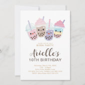 かわいいミニマリスト ボバ バブル ミルク ティー 誕生日招待状 招待状 (正面)