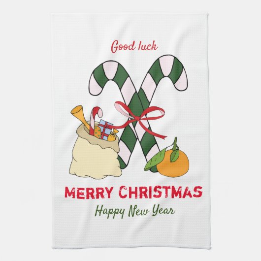 かわいいミニマルなクリスマスと新年おめでとう キッチンタオル (縦)