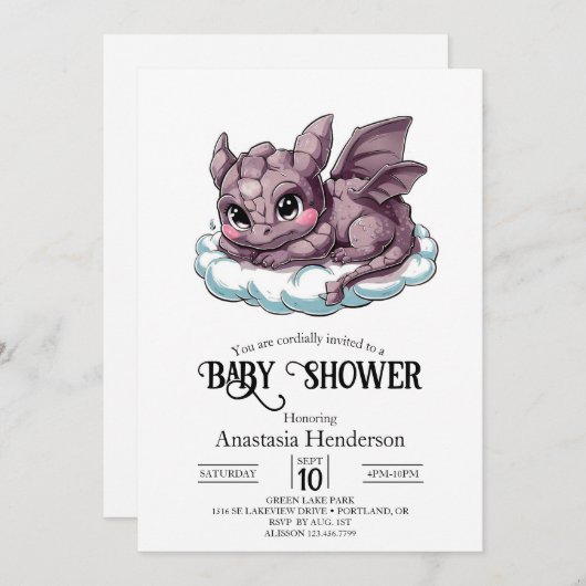 かわいいミニマルなデジタルドラゴンベビーシャワー 招待状 (正面/裏面)