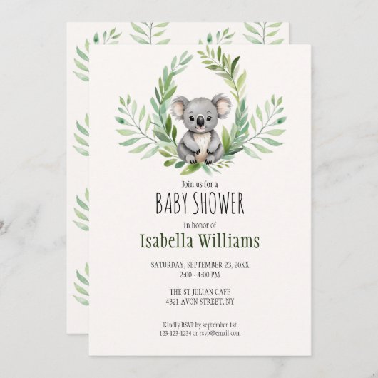 かわいいミニマルコアラ熊ベビーシャワー 招待状 (正面/裏面)