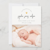 かわいいミニマルハートスクリプト写真の誕生のお知らせ サンキューカード (正面)