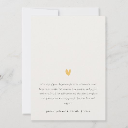 かわいいミニマルハートスクリプト写真の誕生のお知らせ サンキューカード (裏面)