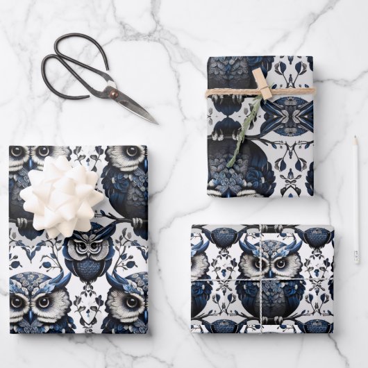 かわいいミニマルフクロウ ラッピングペーパーシート (正面)