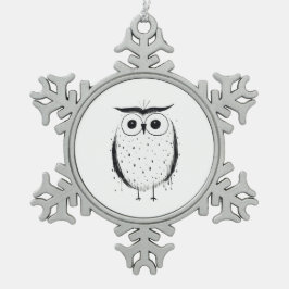 かわいいミニマルフクロウ – 手描きスタイル – 黒 スノーフレークピューターオーナメント