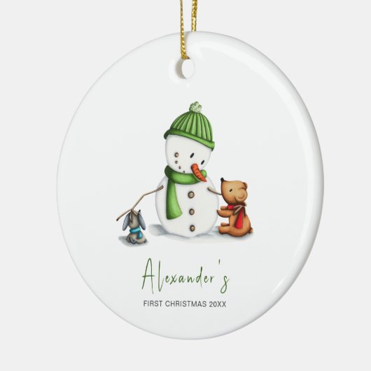 かわいいミニマルベビー初めてのクリスマス雪だるま セラミックオーナメント (左)