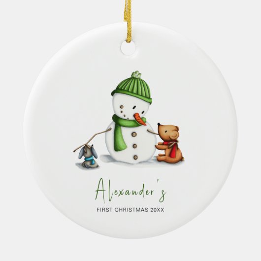 かわいいミニマルベビー初めてのクリスマス雪だるま セラミックオーナメント (裏面)