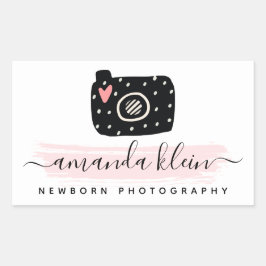 かわいいミニマル写真家カメラブラック&ピンク 長方形シール