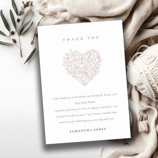 かわいいミニマル夕暮れ赤面フローラハートベビーシャワー サンキューカード