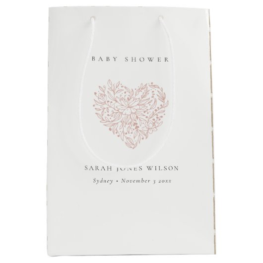 かわいいミニマル夕暮れ赤面フローラハートベビーシャワー ミディアムペーパーバッグ (正面)