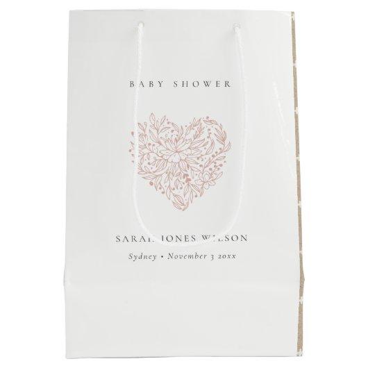 かわいいミニマル夕暮れ赤面フローラハートベビーシャワー ミディアムペーパーバッグ (裏面)