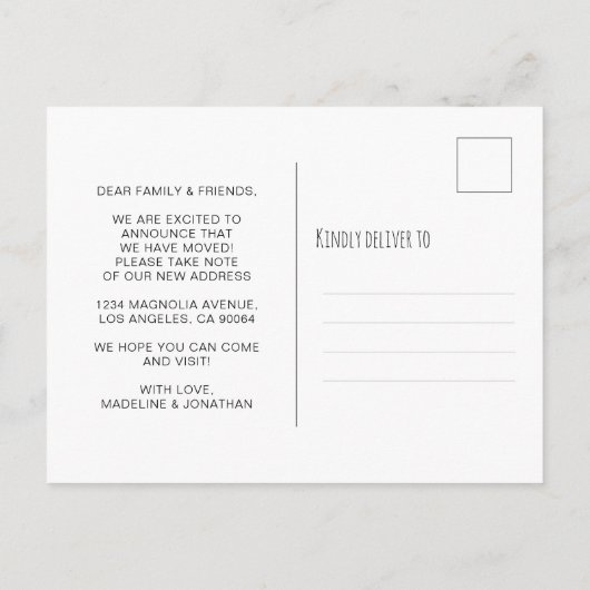かわいいミニマル引っ越しました新しいホームフォトムービング 案内ポストカード (裏面)