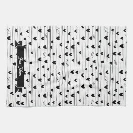 かわいいミニマル抽象芸術ラインラブブラック キッチンタオル